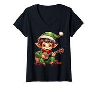 Femme Pyjama Elfe de Noël pour Joueur de ukulélé T-Shirt avec Col en V