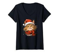 Femme Pyjama pour Les Amoureux du Chaton Santa Cat. T-Shirt avec Col en V