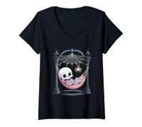Femme Pyjama squelette gothique Halloween T-Shirt avec Col en V