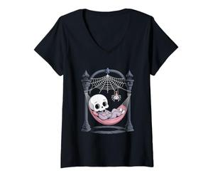 Femme Pyjama squelette gothique Halloween T-Shirt avec Col en V