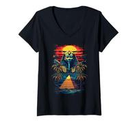 Femme Pyramide pharaon égyptienne rétro coucher de soleil désert Vibe T-Shirt avec Col en V