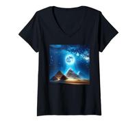 Femme Pyramides d'Égypte sous la Pleine Lune T-Shirt avec Col en V