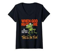 Femme Quand Dieu m'a créé, il a souri, drôle de Grenouille, mème Sarcastique T-Shirt avec Col en V