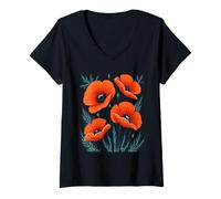 Femme Quatre jolis coquelicots 2 T-Shirt avec Col en V