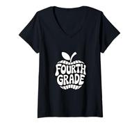 Femme Quatrième année rétro Apple Teacher Student School T-Shirt avec Col en V