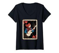 Femme Queen Heart Guitarist Guitare Vintage Amateur de Jeu de Cartes T-Shirt avec Col en V