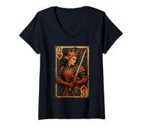 Femme Queen of Heart Playing Card Paper Cut Lucky Poker T-Shirt avec Col en V