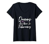 Femme Queens are Born in February Anniversaire des Femmes Cadeau d'anniversaire T-Shirt avec Col en V