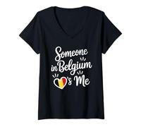 Femme Quelqu'un en Belgique M'aime Coeur Drapeau Belge T-Shirt avec Col en V