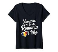 Femme Quelqu'un en Roumanie M'aime Coeur Drapeau Fierté T-Shirt avec Col en V