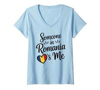 Femme Quelqu'un en Roumanie M'aime Coeur Drapeau Roumain T-Shirt avec Col en V