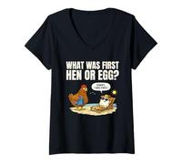 Femme Qu'est-ce Qui est arrivé en Premier, la Poule ou l'œuf ? T-Shirt avec Col en V