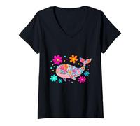 Femme Queue de Baleine Fleurie T-Shirt avec Col en V