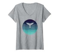 Femme Queue de Baleine rétro avec Motif Vague d'océan T-Shirt avec Col en V