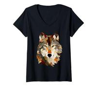 Femme Quilt d'art Vintage en Patchwork d'animaux en Forme de Loup et de Boho T-Shirt avec Col en V