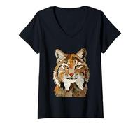 Femme Quilt Graphique en Patchwork d'animaux Bobcat Boho T-Shirt avec Col en V