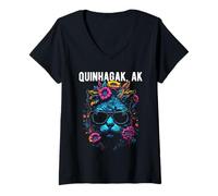 Femme Quinhagak Alaska Chat Portant des Lunettes de Soleil et Fleurs T-Shirt avec Col en V