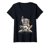 Femme Raccoon Astronaut on The Moon with Rocket Retro Space Iconic T-Shirt avec Col en V