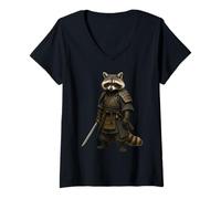 Femme Raccoon Samurai, Warrior Japanese Budo Animal, Nature Design T-Shirt avec Col en V