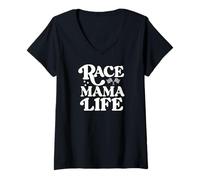 Femme Race Mama Life Racing Mom Motorsports Track Day Pit Crew T-Shirt avec Col en V