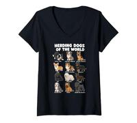Femme Races De Chiens De Troupeau Tableau De Dessin Animé Mignon T-Shirt avec Col en V