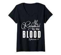 Femme Racheté par Le Sang Éphésiens 1:7 Message Inspirant T-Shirt avec Col en V