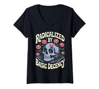 Femme Radicalisées par Basic Decency Gothic Skull Wild Flowers Women T-Shirt avec Col en V