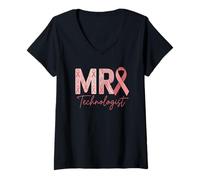 Femme Radiolo de Sensibilisation au Cancer du Sein Ruban Rose IRM Technologist T-Shirt avec Col en V
