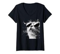 Femme Ragdoll Chat avec Lunettes de Soleil Blanc Splash Art Cats Cool T-Shirt avec Col en V
