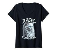 Femme Rage Consumes Me Chat drôle Sarcastique Mignon Chaton Blanc Citation T-Shirt avec Col en V