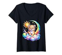 Femme Rainbow Clouds Puma Petit Cougar Couguars Lion De Montagne T-Shirt avec Col en V