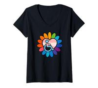 Femme Rainbow LGBTQ Pride Disabled Wheelchair Heart Flower Petals T-Shirt avec Col en V