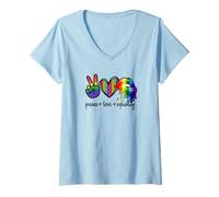 Femme Rainbow Lips Leopard Heart Decor Women Peace Love Equality T-Shirt avec Col en V