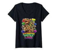 Femme Rainbow Reptile Love Prehistoric Pride & Rainbow Hearts T-Shirt avec Col en V