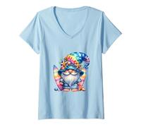 Femme Rainbow Summer GNOME Graphic for Surfer Funny Beach Surfing T-Shirt avec Col en V