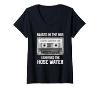 Femme Raised in The 80s. Hose Water. Cassette Tape Funny Retro T-Shirt avec Col en V