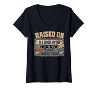 Femme Raised on Old School Hip HOP Tshirt Cassette Graffiti Rap T-Shirt avec Col en V