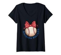 Femme Raising Ballers Baseball Maman Dad Support T-Shirt avec Col en V