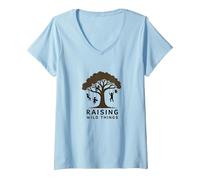 Femme Raising Wild Things: Silhouette d'arbre ludique pour Enfants T-Shirt avec Col en V, Bleu Céleste, M