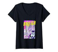 Femme Raleigh Chat Rétro Anime Paysage Urbain North Carolina USA T-Shirt avec Col en V