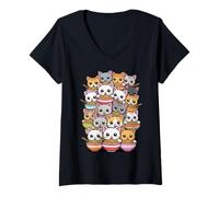 Femme Ramen Amusant « Bunch of Cats », Dessin animé Kawaii T-Shirt avec Col en V