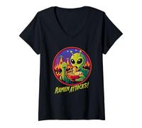 Femme Ramen Attacks Alien Mangeant des Nouilles UFO Invasion Sci-FI Food T-Shirt avec Col en V