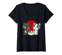 Femme Ramen Cats - Deux adorables Chats animés Chibi Qui mangent des Ramen T-Shirt avec Col en V