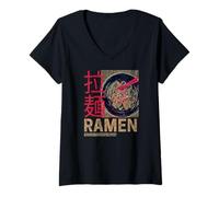 Femme Ramen Japonais Rétro Nouilles Anime Vintage Gourmet T-Shirt avec Col en V