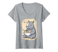 Femme Ramen Rhinoceros Japonais Kawaii Anime T-Shirt avec Col en V