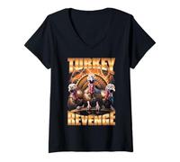 Femme Rap Bootleg Vintage Amusant de Thanksgiving Turkey Revenge T-Shirt avec Col en V