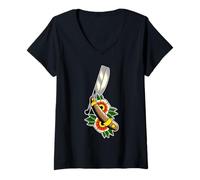 Femme Rasoir Droit de barbier Traditionnel Tatouage Flash T-Shirt avec Col en V