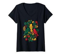 Femme Rasta Reggae Roots Three Birds Jamaica Folk Art Floral T-Shirt avec Col en V