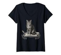 Femme Rat de bibliothèque pour Chat - Lecture Vintage - Library - Amoureux des Livres T-Shirt avec Col en V