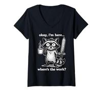 Femme Raton Laveur drôle Sarcastique café Travail Graphique T-Shirt avec Col en V